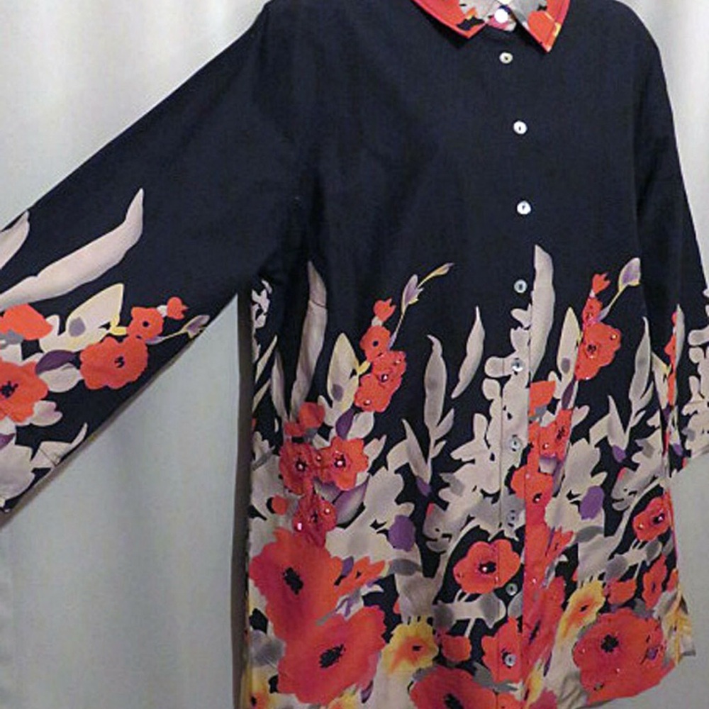 Soft Surroundings Black and Red Floral Button Down Shirt size Xal - Picture 3 of 10